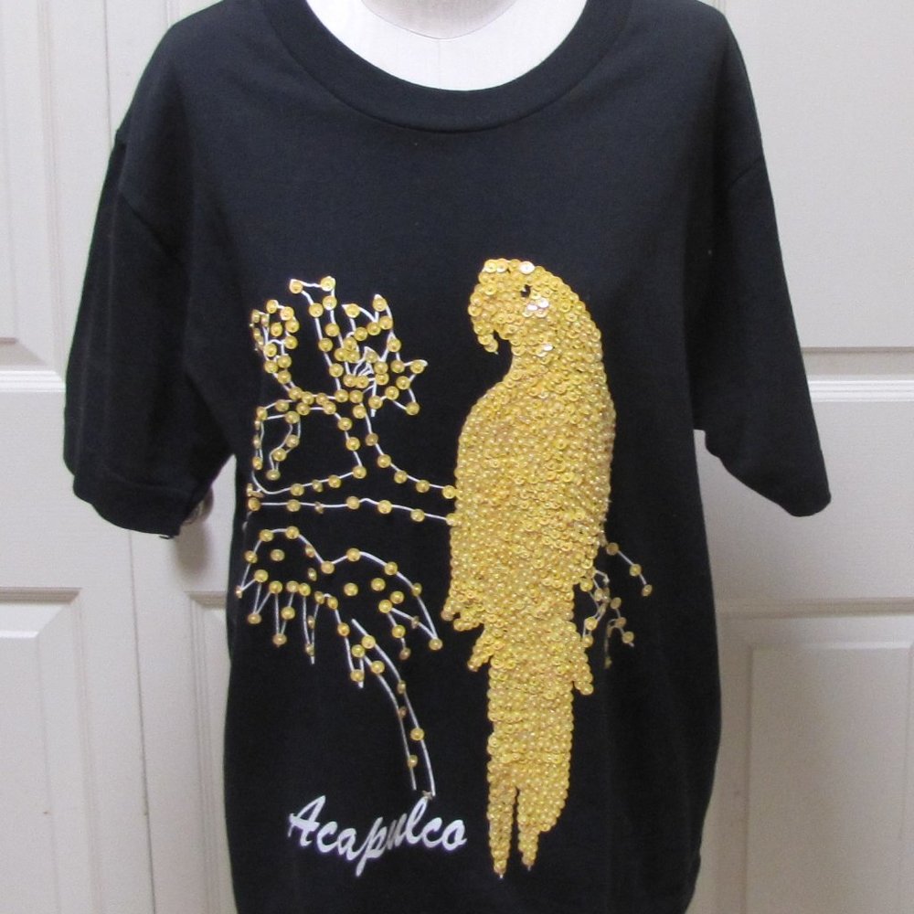 Fancy black blouse with sequenced bird in yellow